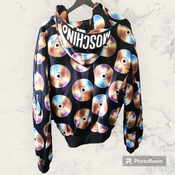 💿💎🆕Moschino X H&M Jeremy Scott CD Satin Bomber Jacket Size S Rare - Picture 2 of 8
